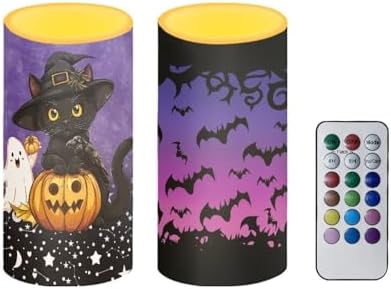 Halloween Day Flameless Candles Bulk 2 Pack Battery Operated Candles with Remote and Timers Flickering LED Lights Trick or Treat Day Home Party Decor, Pumpkin Ghost Black Cat by Merkmak