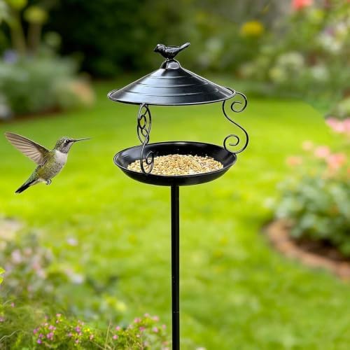 Bird Feeder Iron Standing Bird Bath Feeding Station Decorative Stake Birdbath Bowl Easy Installation Weatherproof Suitable for Outdoor Garden Lawn Cou, Black - Image 5