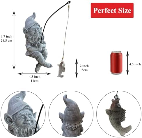 Garden Gnome Pond Statue Decoration, Fishing Gnome Garden Statue Outdoor Koi Pond or Waterfall Decor, 9.7" Stone Gnome Fishing Poolside Statue, Elf Pond Statue, Great Gifts & Housewarming for Mom - Image 3