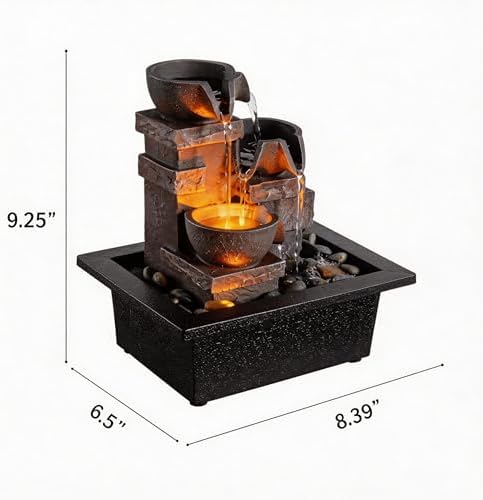 MAOCHI Indoor Fountain 3-Bowl Rockery Soothing Sound Tabletop Fountains Home/Office Decor with Natural River Rocks LED Lights Automatic Watering Pump(22044A) - Image 2