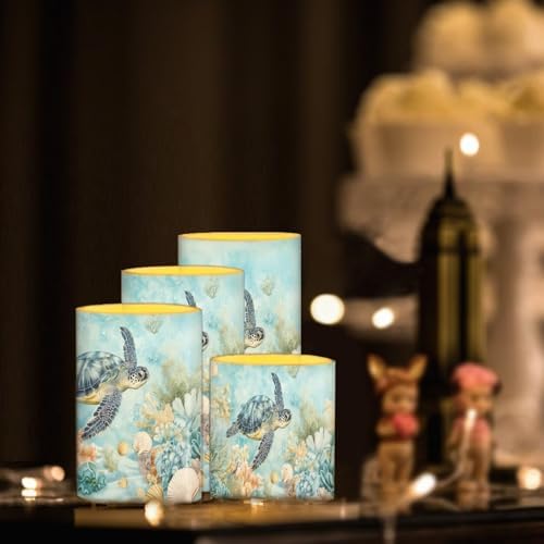 Flickering Flameless Candles with Remote 4 Pack Battery Operated Pillar Candles with Timer LED Elictric Pillar Tealights for Patio Beach Wedding Coastal Home Decorations, Beach Sea Turtle - Image 3