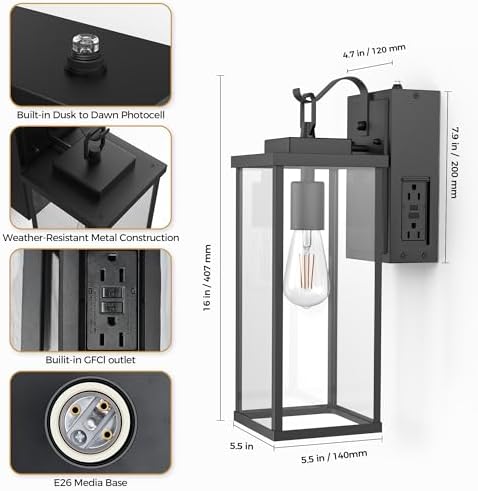 Outdoor Wall Lights, Exterior Lighting Fixtures with GFCI Outlets, 1-Pack - Image 6