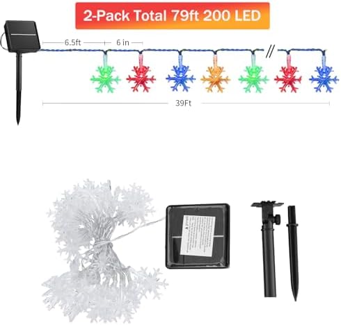 Brightown Solar Christmas Snowflake String Lights - 2 Pcs 100 LED 39 FT Outdoor Waterproof Fairy Lights with 8 Lighting Modes for Wedding, Party, Tree, Garden, Patio, Yard, Home, Multicolor - Image 3