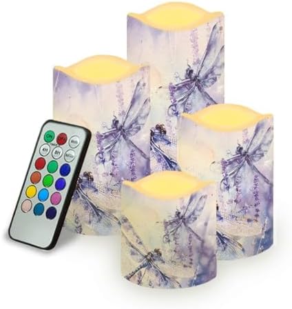 Purple Dragonfly Flickering Flameless Candles Pillar LED Candles with Remote and Timer Set of 4 Color Changing Battery Operated Candles for Valentines Home Wedding Birthday Decoration by Uorisanigo