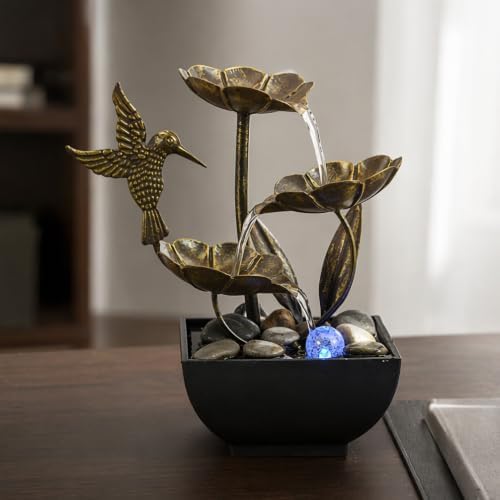 AOZITA Tabletop Fountain, Indoor Waterfall Fountain, Small Home Décor Zen Relaxation Soothing Sound Machine for Office, Living Room, or Bedroom, Bronze Metal Lotus with Hummingbird, River Rocks, LED by Unknown