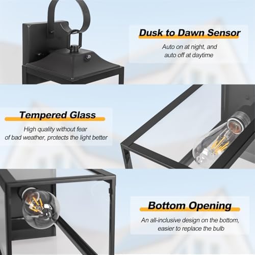 19" Large Dusk to Dawn Outdoor Lighting 2 Pack, Black Sensor Porch Lights - Image 2