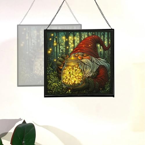 Firefly Jar Gnome Stained Glass Suncatcher – Square Hanging Window Panel for Home or Greenhouse – Whimsical Glass Art Gift for Garden Lovers, Christmas, Halloween, Father Days 4zcs2j - Image 4