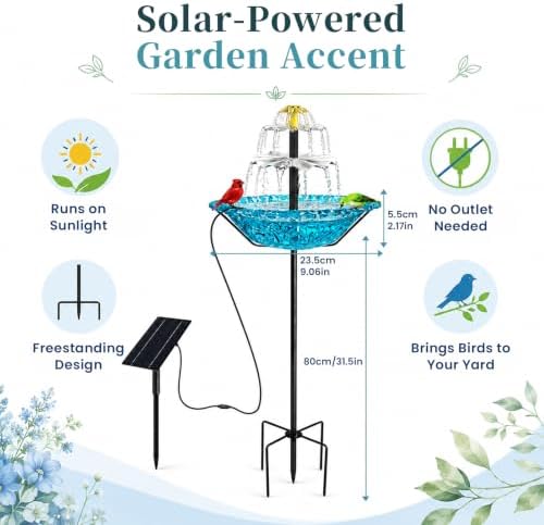 Solar Fountain for Bird Bath Outside, Power Panel and Pump with Metal Stakes for Garden Yard Decor (Blue-Small) - Image 2