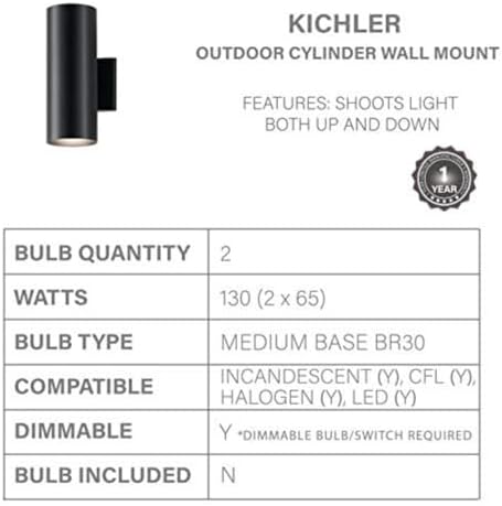 Kichler Cylinders 12" Outdoor Wall Sconce in Black, 2-Light Exterior Wall Light, Cylinder Fixture, (12" H x 5" W) , 9244BK - Image 5