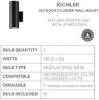 Kichler Cylinders 12" Outdoor Wall Sconce in Black, 2-Light Exterior Wall Light, Cylinder Fixture, (12" H x 5" W) , 9244BK - Image 5