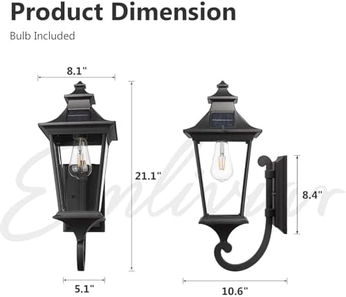 Emliviar Solar Outdoor Wall Light, Dusk to Dawn Porch Lantern, 500181-SL BK - Image 6
