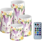 Set of 4 Flameless Candles with Remote Boho Floral Bunny Battery Operated Candles with Timer Flickering LED Elictric Pillar Lights for Indoor Outdoor Porch Lanterns Wedding Home Decor by Merkmak