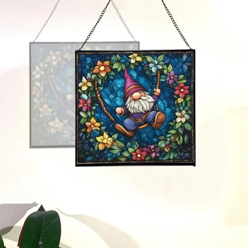 Wreath Swing Gnome Stained Glass Suncatcher – Square Hanging Window Panel for Home or Greenhouse – Whimsical Glass Art Gift for Garden Lovers, Christmas, Halloween, Father Days Of4WNz - Image 4