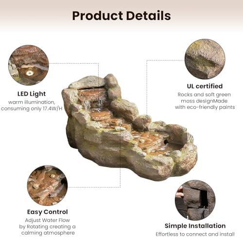 Bumilgar 42 in Natural-Style Tier Garden Rock Water Fountain Outdoor, Floor-Standing Fountains that Feature Gentle Waterfall and LED Lights for Patio, Backyard, Deck, Porch, Home Décor - Image 3