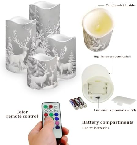 Flameless Pillar Candles with Remote and Color Changing Christmas Decorations for Home Fake Battery Operated Candle Electric LED Lights Candles for Home Kitchen Deer Snow - Image 3