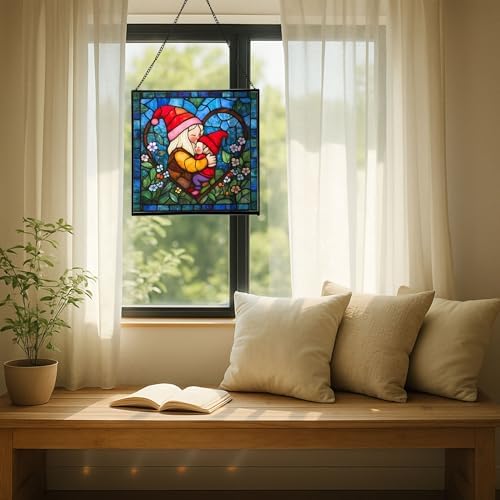 Gnome Hugging Child Stained Glass Suncatcher – Square Hanging Window Panel for Home, Garden, Nursery, Halloween, Christmas, Memorial Day – Whimsical Glass Art Gift for Gnome Lovers abowiz - Image 7