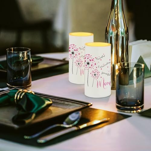 Pink Dandelion Flower Flameless LED Candles Electric Candles Set of 2 with Remote Control Timer Multicolor Light Happy Mother's Day Deor Gifts for Mom - Image 4