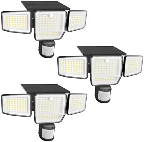 6000LM Solar Lights Outdoor, 4 Heads Motion Sensor Outdoor Lights, Solar Flood Lights for Yard House Outside Garage, IP65 Waterproof, 3 Modes, Easy Install, 3 Pack by SZPOWER