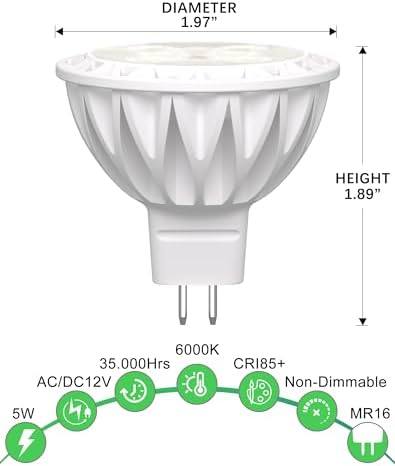 MR16 LED Bulbs 12-Pack 6000K Cool White 5W GU5.3 Spotlight Bulb, Non-Dimmable 38° Beam Angle for Landscape, Recessed, Track Lighting,Commercial Security & High Bay Lighting - Image 2