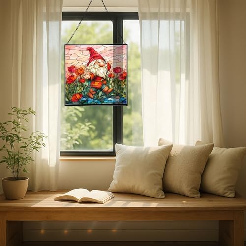 Poppy Meadow Gnome Stained Glass Suncatcher – Square Hanging Window Panel for Home or Greenhouse – Whimsical Glass Art Gift for Garden Lovers, Christmas, Halloween, Father Days Yxk5rr - Image 7