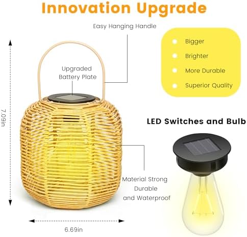 HPC Decor 2 PK Solar Lanterns-Outdoor Lanterns Waterproof, Rattan Solar Lights, Hanging Solar Lanterns Outdoor,Solar Lamp Lights,Decoration Lights for Garden,Patio,Porch,Trees,Pathway,Outside. - Image 2