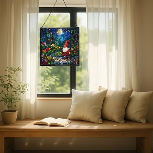 Twilight Garden Gnome Stroll Stained Glass Suncatcher – Square Hanging Window Panel for Home or Greenhouse – Whimsical Glass Art Gift for Garden Lovers, Christmas, Halloween, Father Days Ye2sh0 - Image 7