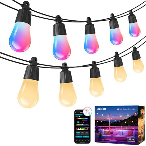 Lepro ZB1 AI Smart Outdoor String Lights, 54(42+12) ft RGB+IC+Warm White by Lepro