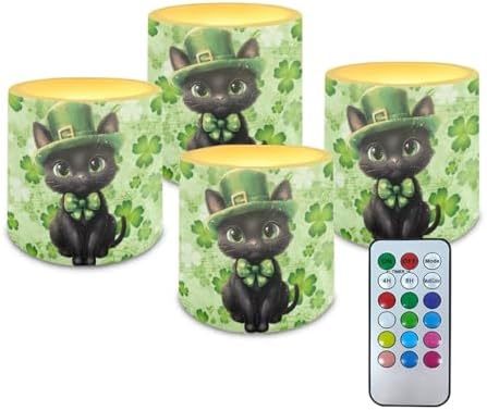 4Pcs St Patrick's Day Shamrocks Flameless Candles with Remote Battery Operated Candles with Timer, Cute Black Cat Pillar Tea Lights Bulk for Indoor Outdoor Home Decorations by Merkmak