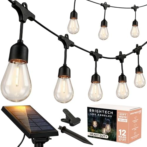 Brightech Ambience Pro 27 Ft Solar Powered String Lights - Commercial Grade Waterproof Patio Lights with Edison Bulbs - Shatterproof LED Solar Outdoor String Lights - 1W LED, Soft White, 12 Bulbs by Brightech