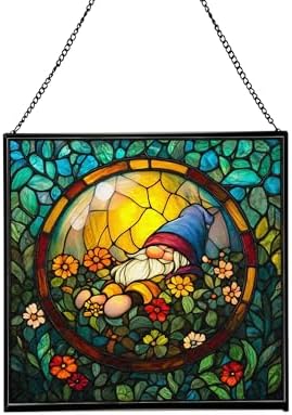 Floating Bubble Nest Gnome Stained Glass Suncatcher – Square Hanging Window Panel for Home or Greenhouse – Whimsical Glass Art Gift for Garden Lovers, Christmas, Halloween, Father Days PdPnfS by Custom