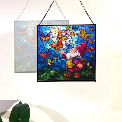 Gnome with Butterfly Friends Stained Glass Suncatcher – Square Hanging Window Panel for Home or Greenhouse – Whimsical Glass Art Gift for Garden Lovers, Christmas, Halloween, Father Days hacxzw - Image 4