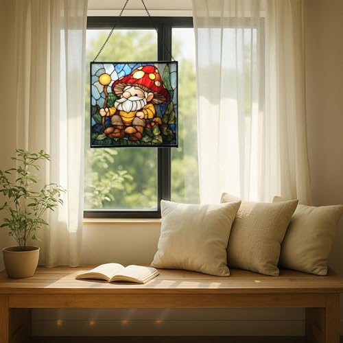 Gnome with Mushroom Maintenance Stained Glass Suncatcher – Square Hanging Window Panel for Home, Garden, Nursery, Halloween, Christmas, Memorial Day – Whimsical Glass Art Gift for Gnome Lovers v7uvc0 - Image 7