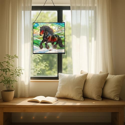 Black Icelandic Horse Climbing Snowy Slope Square Suncatcher – Stained Glass Style Window Panel with Pastoral Scene, Custom Decorative Hanging Art for Equestrian Home, Christmas AU2nfq - Image 7