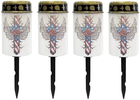 Poceacles Cross Solar Lights Outdoor for Garden Lawn Cemetery Grave Decorative Cemetery Solar Candle Grave Flameless Candle for Outside Home Decorations, American Flag Wings Rose Cross, Pack of 4 by Poceacles