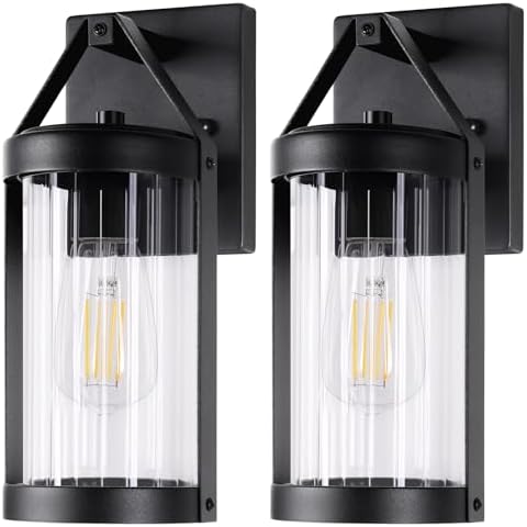 Brightever Outdoor Wall Light Fixtures, Waterproof Matte Black Exterior Wall Lantern Sconce Porch Lights, Outside Lighting with Clear Ribbed Glass for House, Garage, Front Door, 2-Pack by Brightever