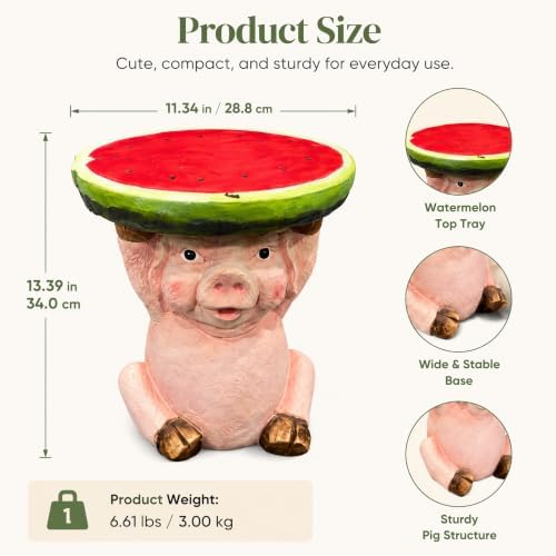 Cute Pig Side Table, Resin Watermelon End Table, 13.39" H Small Animal Accent, Multifunctional Plant Stand & Decorative Stool for Home, Patio, Garden & Living Room Deco - Image 4
