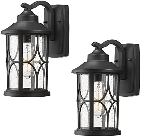 zeyu 2 Pack Outdoor Wall Lights, Exterior Light Fixture for Front Porch House, Die-Cast Aluminum with Seeded Glass, Black Finish, ZX48B-2PK BK by ZEYU