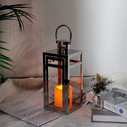 TRIROCKS Stainless Steel Decorative Lantern 12'' High Metal Hanging Lantern with Tempered Glass Perfect for Home Decor Living Room Parties Events Tabletop Indoors Outdoors (Silver) - Image 4