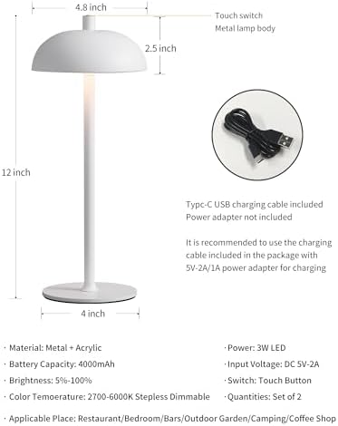 12" Cordless Table Lamps Set of 2, White Modern Portable Desk Lamp - Image 5