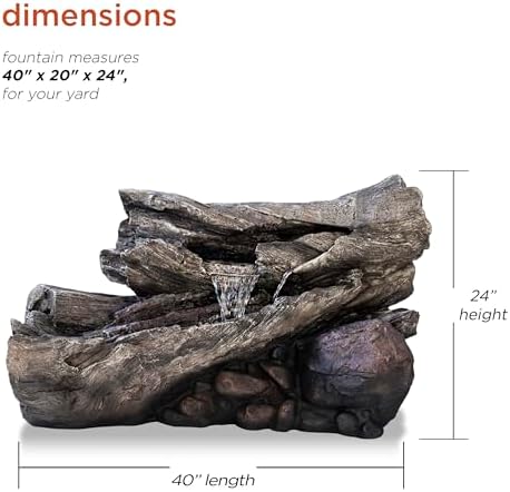 Alpine Corporation 24" Tall Outdoor 2-Tier Fallen Tree Trunk Water Fountain with LED Lights, Rustic Cascading Design for Garden, Patio & Yard Decor, Beige - Image 3