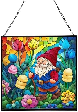 Gnome in Marshmallow Garden Stained Glass Suncatcher – Square Hanging Window Panel for Home or Greenhouse – Whimsical Glass Art Gift for Garden Lovers, Christmas, Halloween, Father Days kCb0rI by Custom