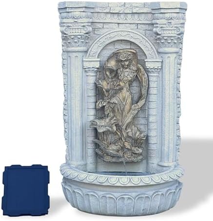 XBrand 30.3" Solar Outdoor Wall Water Fountain with Gold Flower Maiden Statue, Cascading Antique Stone Design, Garden & Patio Waterfall Feature, Polyresin Construction, Cream White by XBrandHomeGarden