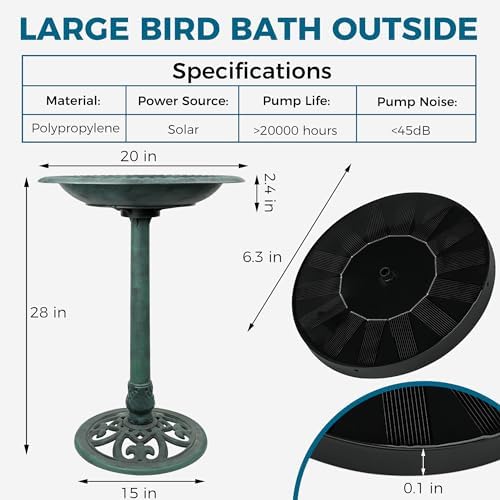 Bird Bath with Solar Fountain Tall Set - Large Resin Bird Bath for Outdoors Garden Decor - Heavy Duty Bird Baths for Clearance Made in USA - Perfect Addition to Your Backyard(Green) - Image 4