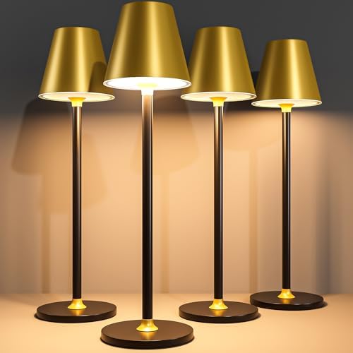 Timjorman 4-Pack Cordless Table Lamps - 5000mAh Rechargeable Battery Operated Desk Lamp, 3-Level Dimmable LED Night Light for Bedroom, Dining, Restaurant - Metal Design(Gold&Black 4PACK) by Timjorman