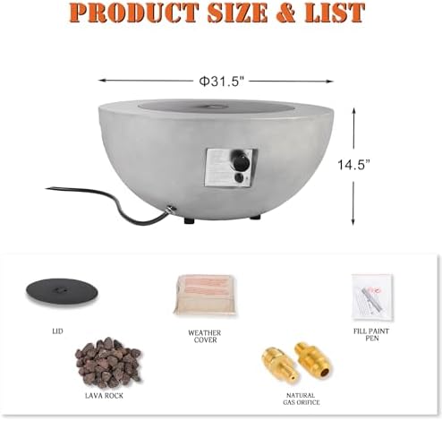 31.5'' Round Propane Fire Pit Table Concrete Fire Bowl Outdoor - Image 3
