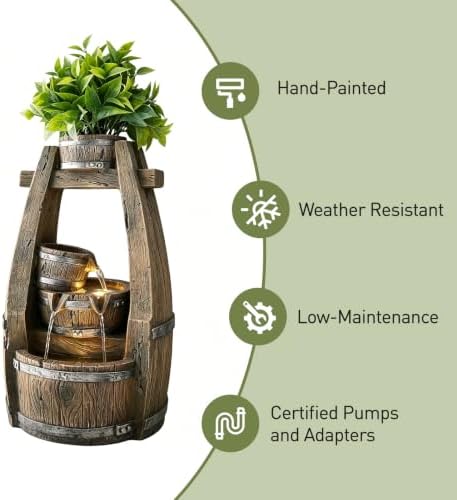 18.9" H Rustic Barrel Outdoor Fountain with Planter Bowl & 4-Tier Cascading Water Feature Low-Maintenance Garden Water Feature- LED- Suitable for Yard, Deck, Backyard Decor - Image 6