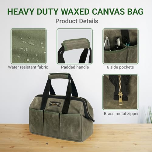 15 Inch Tool Bag, Heavy Duty Wide Mouth Water-Resistant Tool Bag, Tool Tote with Handle for Tools, Wrenches, Screwdrivers (15 X 7.8 X 11.5 inch) | ArmyGreen - Image 2