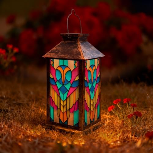 Solar Lantern Vintage Stained Glass Owl Art Outdoor Waterproof Garden Hanging Lantern Solar Powered Lighting Outside Solar Light for Patio Yard Camping, Gifts for Women Mom by Unknown