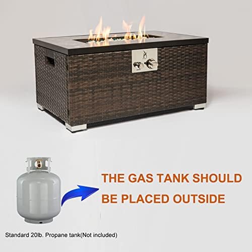 32'' Propane Fire Pit Table, Marble Textured Ceramic Tabletop, 50,000 BTU Fire Table with Brown Wicker, Mix Color Glass Rocks, Including Lid&Cover, Rectangle, Tank Required to Be Kept Outside - Image 2