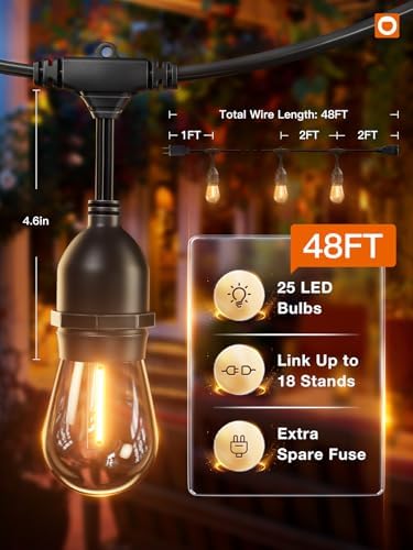 addlon LED Outdoor String Lights 48FT with 25 Edison Vintage Bulbs ETL - Image 5
